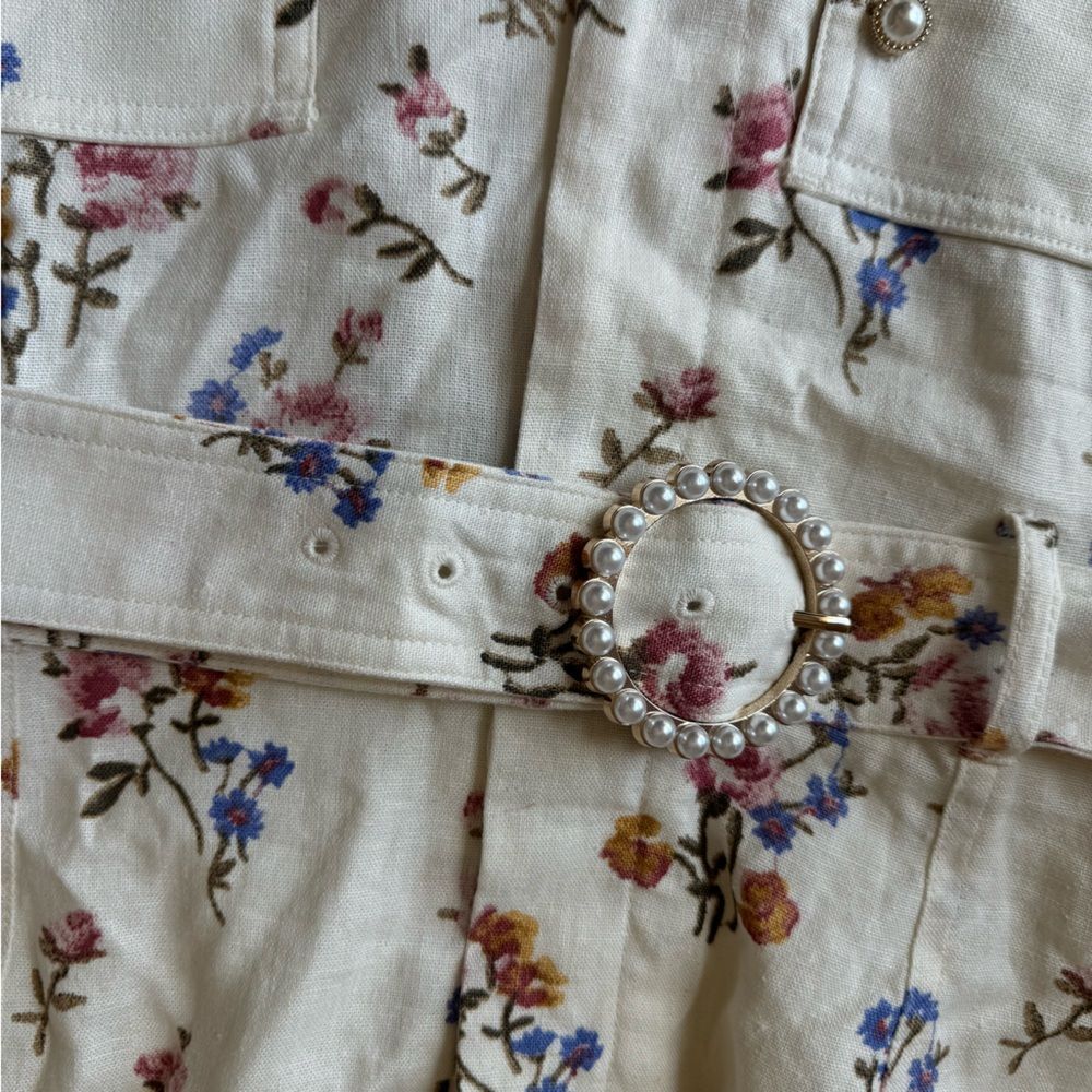 House of Harlow 1960 linen floral romper with pearl belt detail buckle sz 12 - Picture 2 of 12